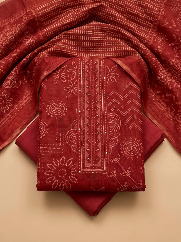Red Chanderi Printed Unstitched Dress Material