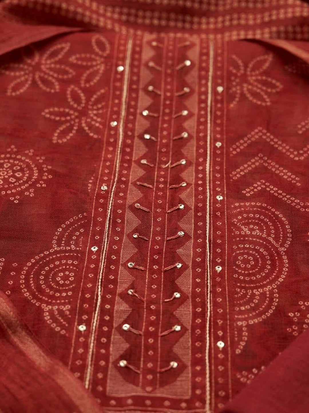 Red Chanderi Printed Unstitched Dress Material
