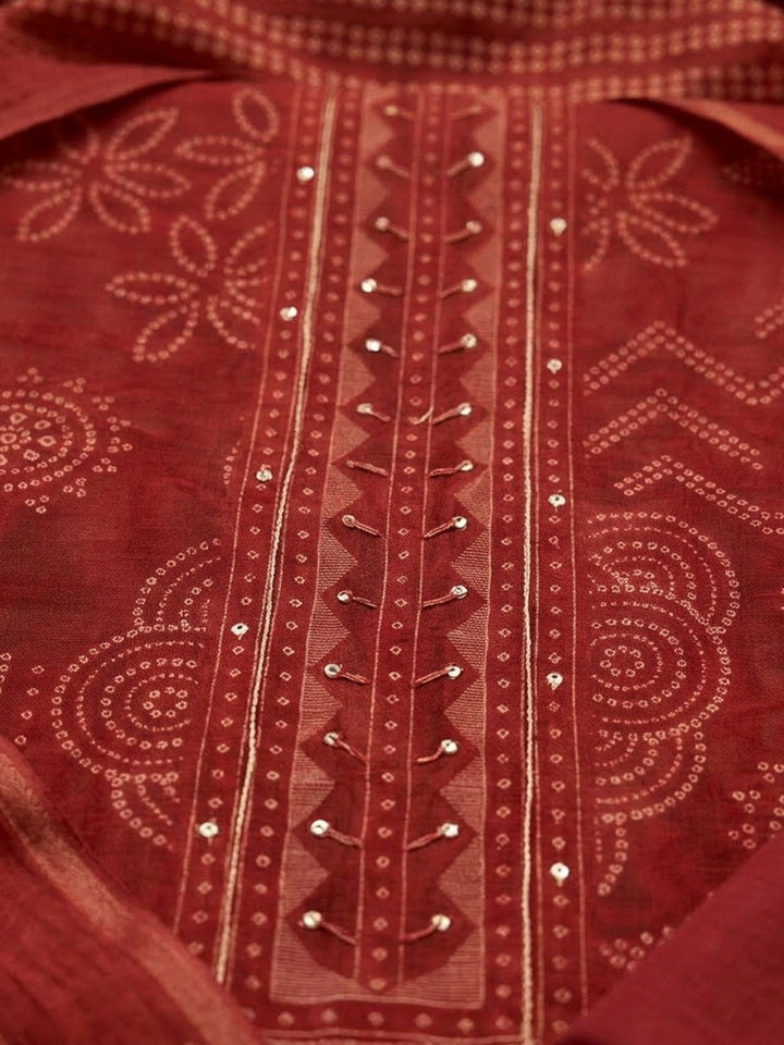 Red Chanderi Printed Unstitched Dress Material