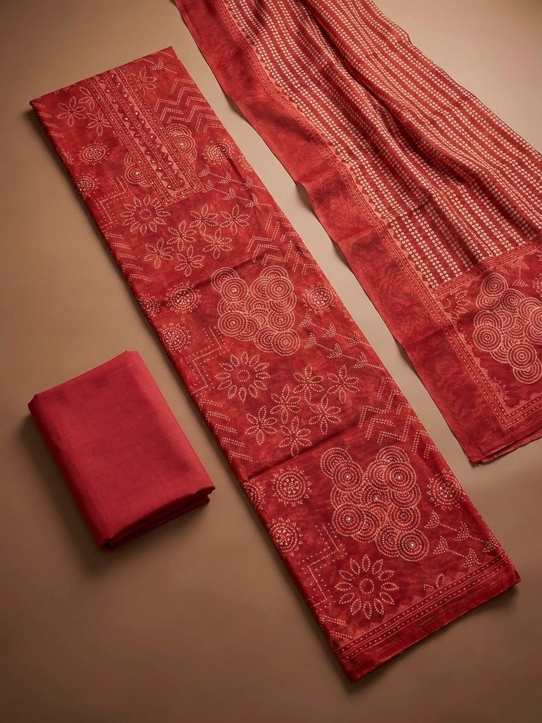 Red Chanderi Printed Unstitched Dress Material
