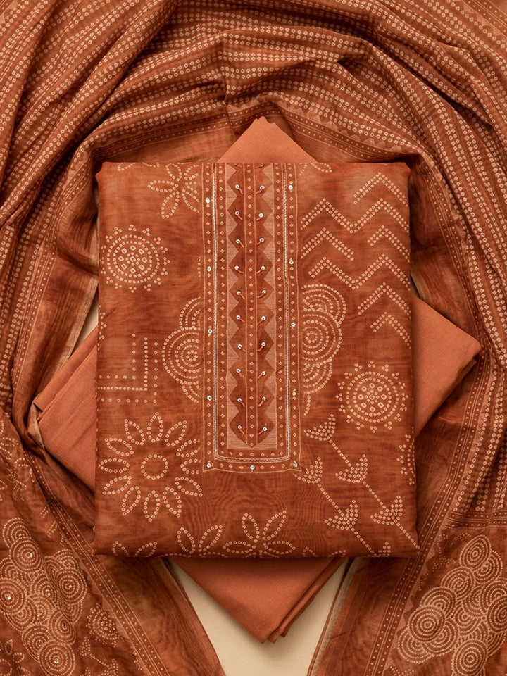 Rust Chanderi Printed Unstitched Dress Material