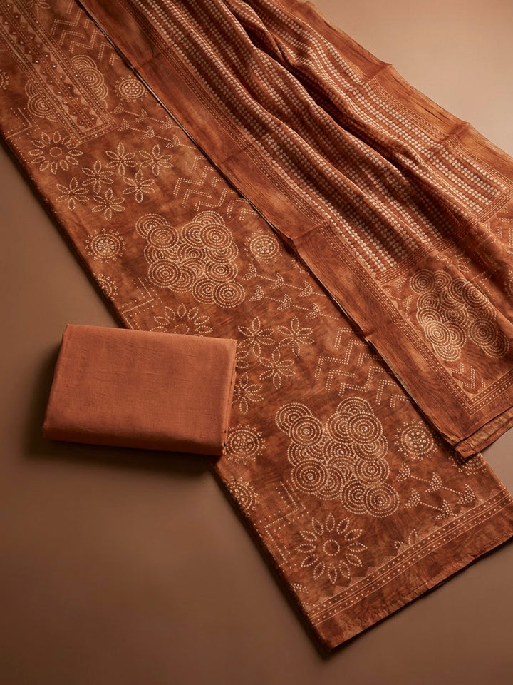 Rust Chanderi Printed Unstitched Dress Material
