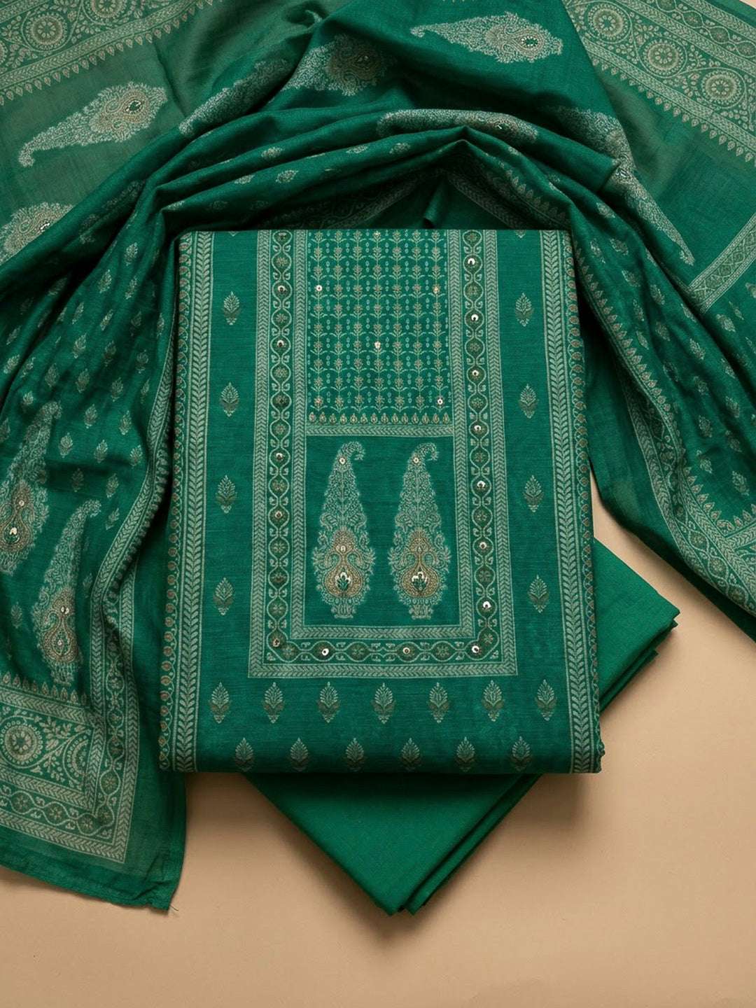Rama Green Chanderi Printed Unstitched Dress Material