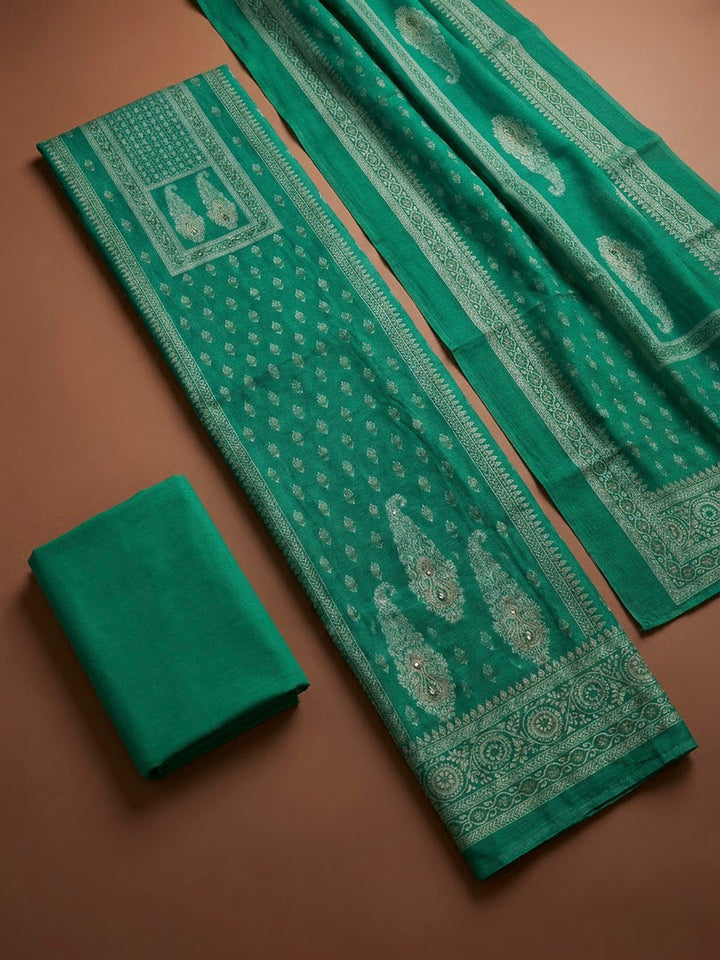 Rama Green Chanderi Printed Unstitched Dress Material