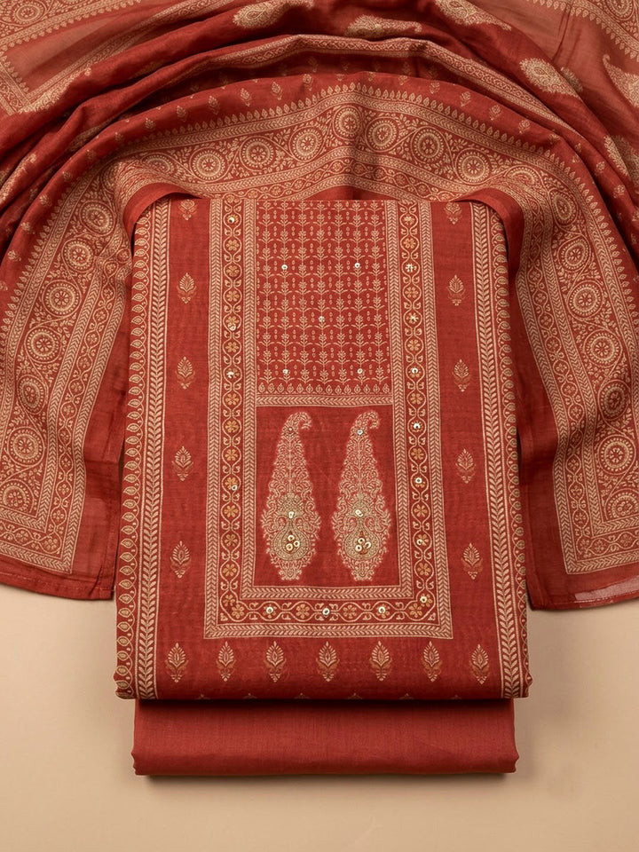 Rust Chanderi Printed Unstitched Dress Material