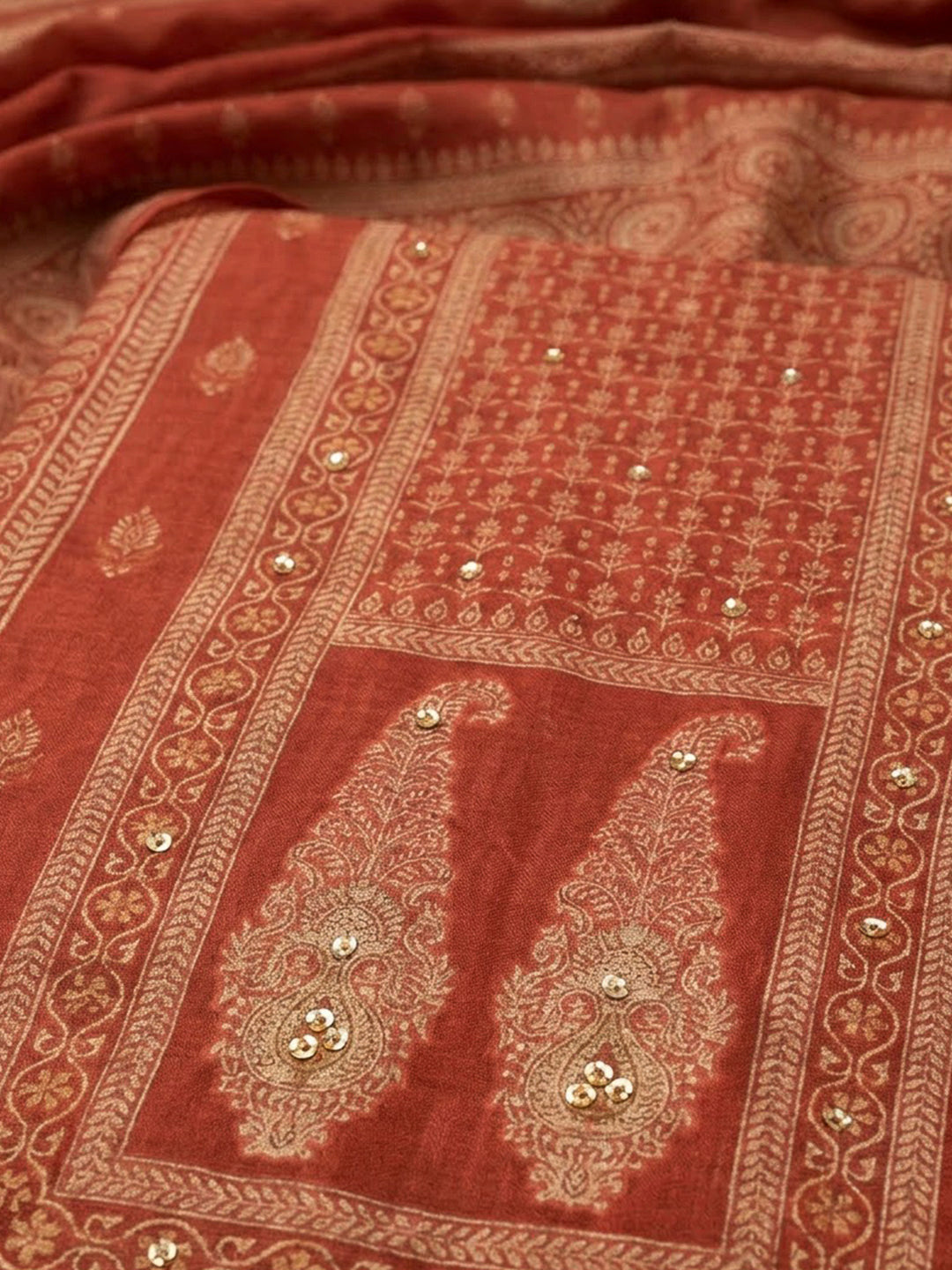 Rust Chanderi Printed Unstitched Dress Material