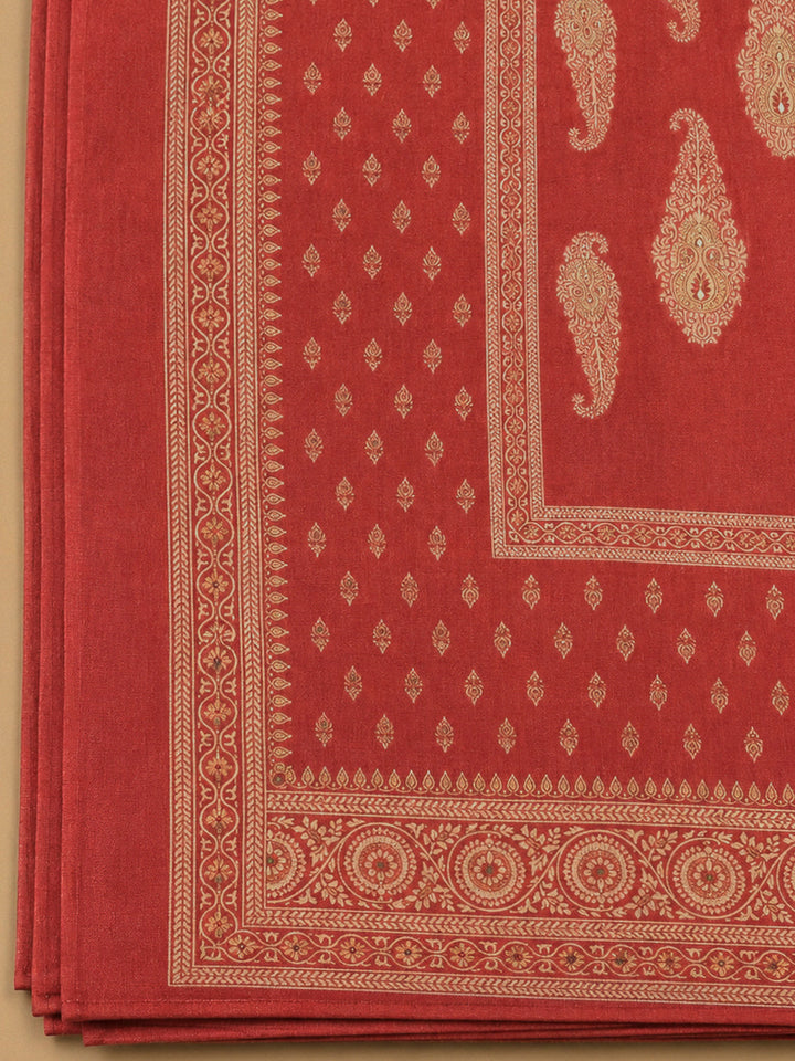 Rust Chanderi Printed Unstitched Dress Material
