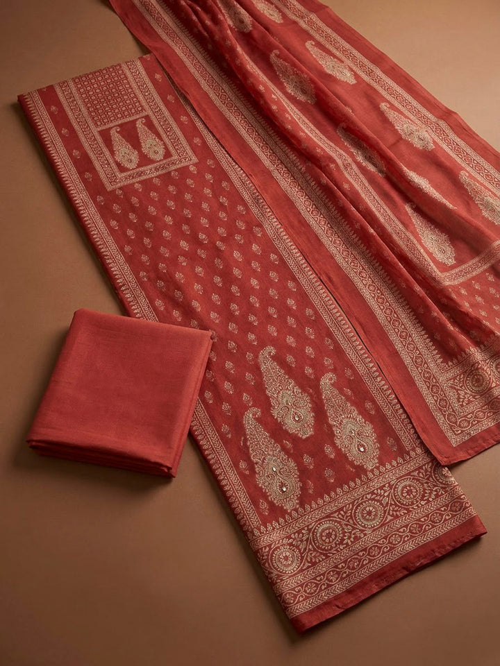 Rust Chanderi Printed Unstitched Dress Material