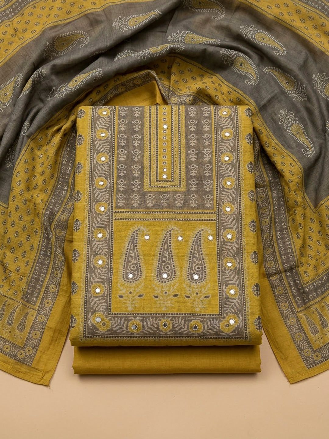 Mustard Chanderi Printed Unstitched Dress Material