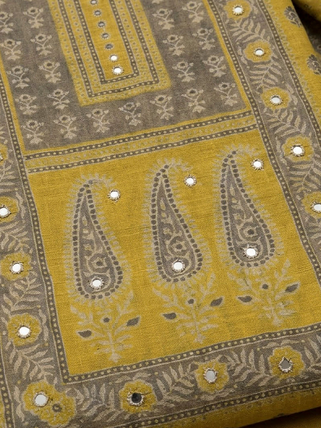Mustard Chanderi Printed Unstitched Dress Material