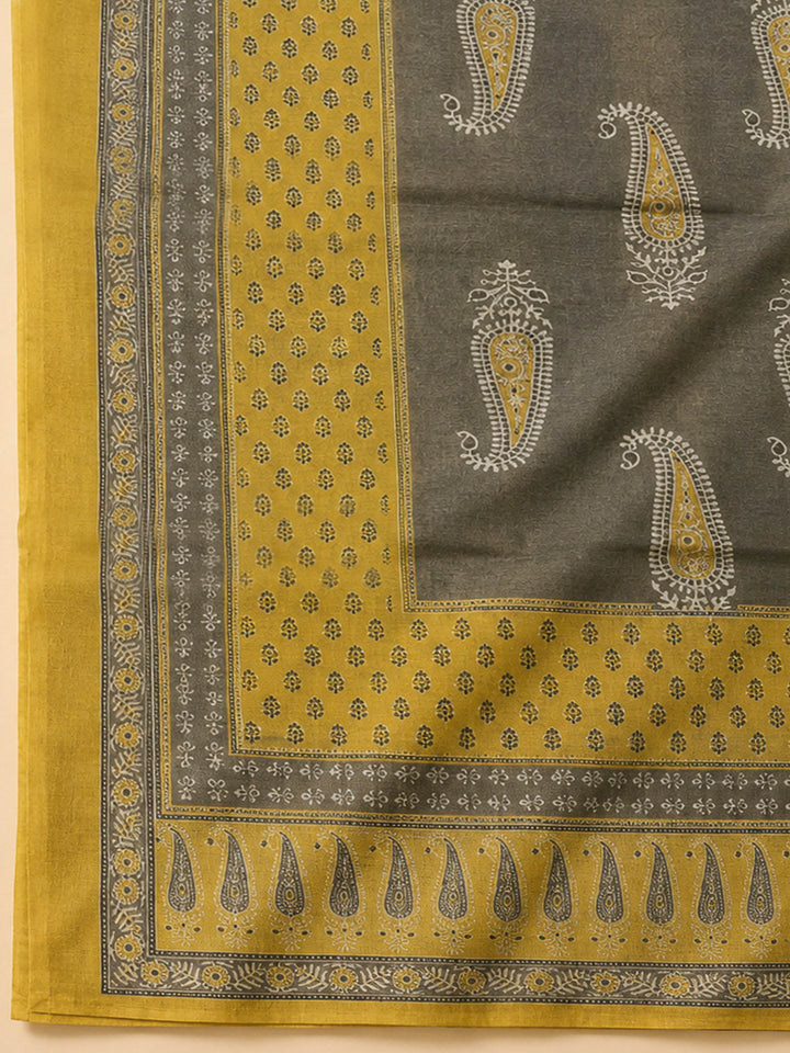 Mustard Chanderi Printed Unstitched Dress Material