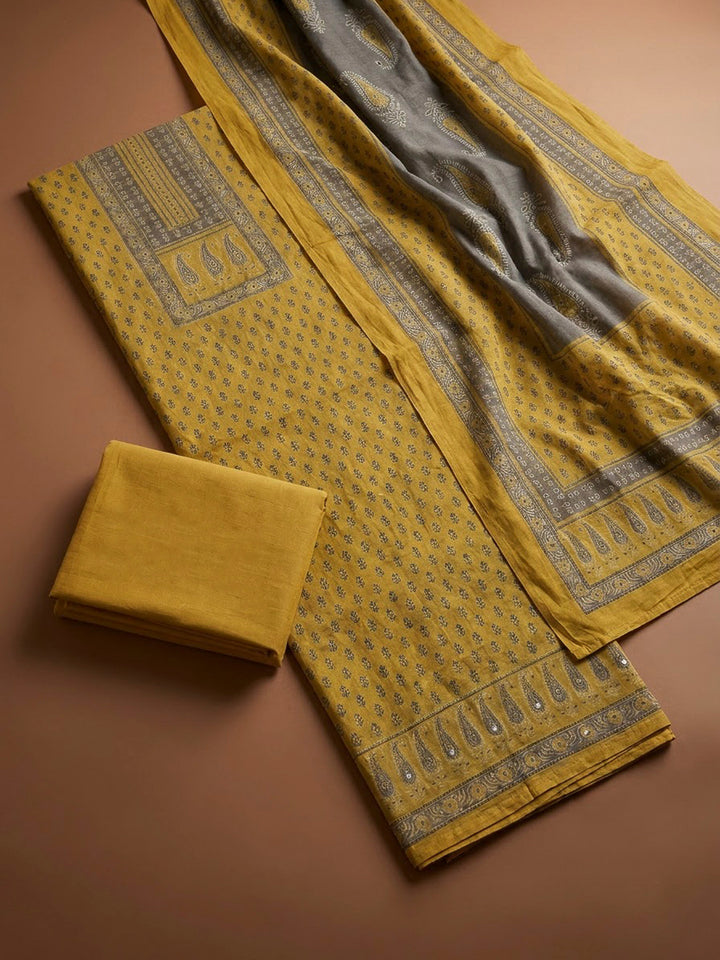 Mustard Chanderi Printed Unstitched Dress Material