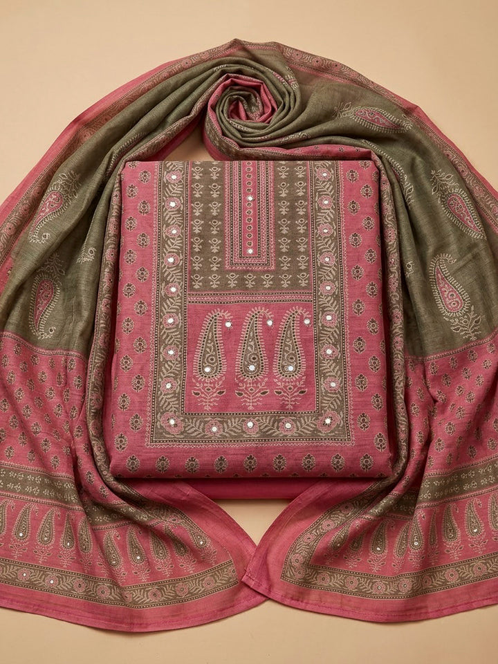 Pink Chanderi Printed Unstitched Dress Material