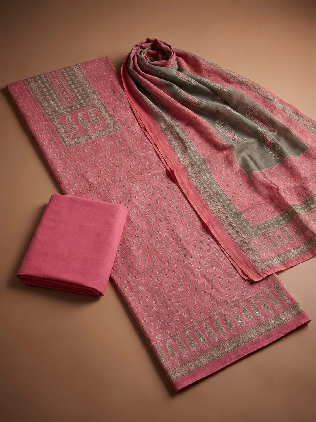 Pink Chanderi Printed Unstitched Dress Material
