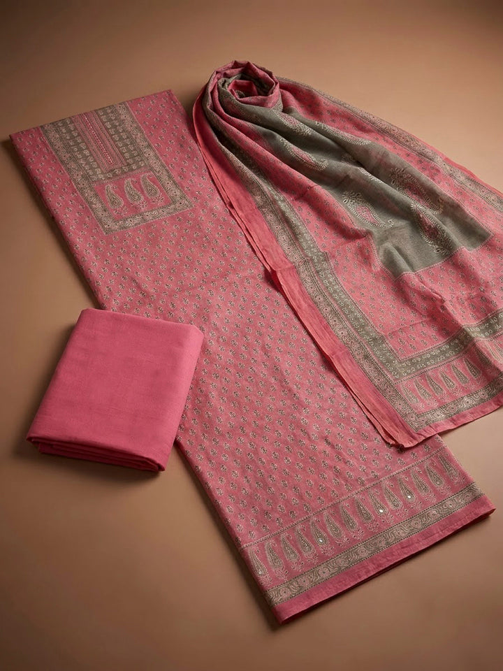 Pink Chanderi Printed Unstitched Dress Material
