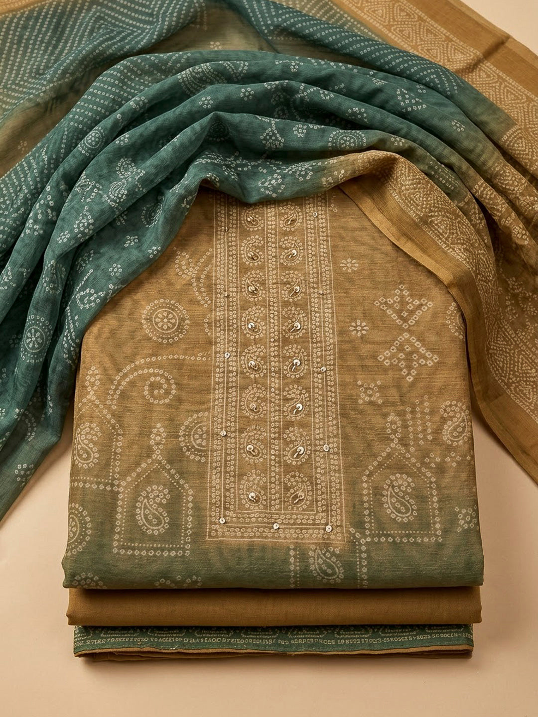 Beige Chanderi Printed Unstitched Dress Material
