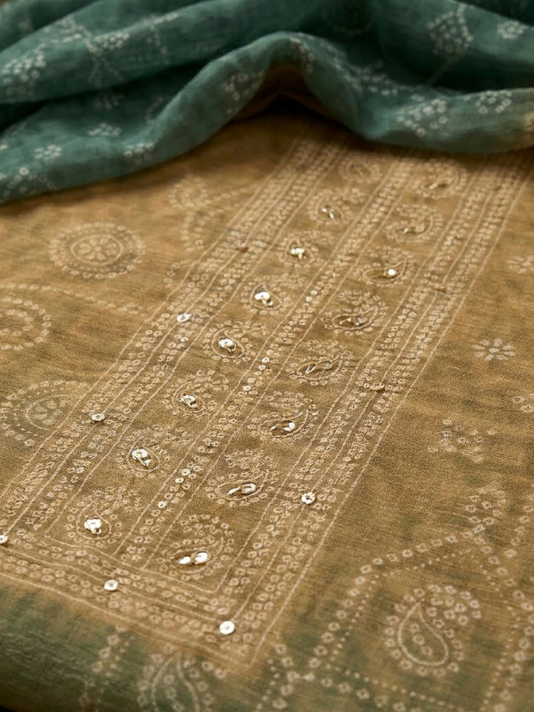 Beige Chanderi Printed Unstitched Dress Material
