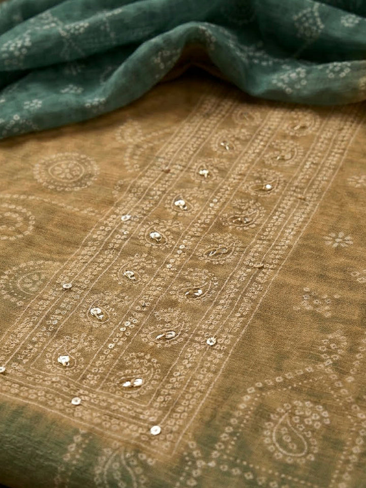 Beige Chanderi Printed Unstitched Dress Material