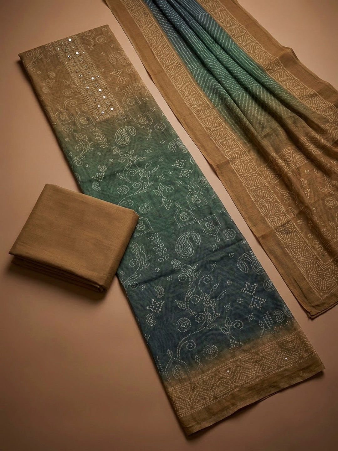 Beige Chanderi Printed Unstitched Dress Material