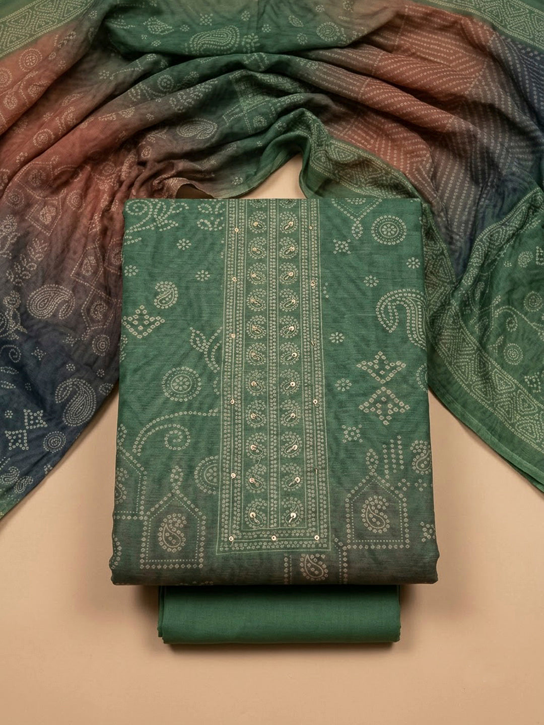 Green Chanderi Printed Unstitched Dress Material