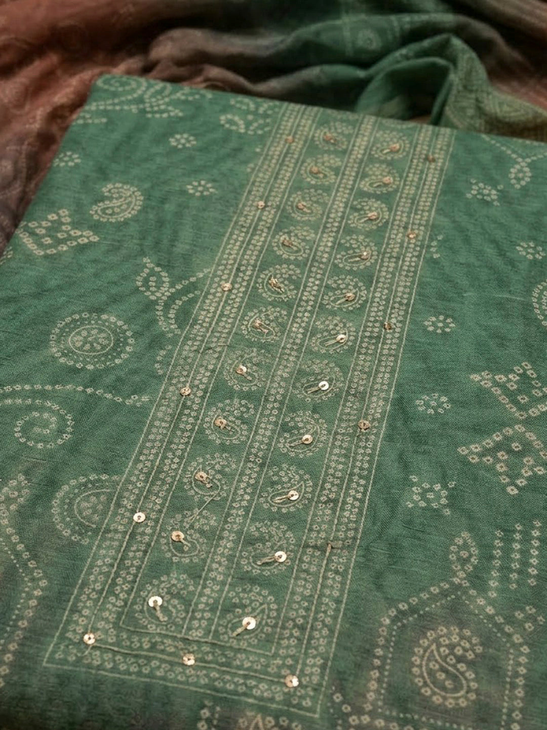 Green Chanderi Printed Unstitched Dress Material