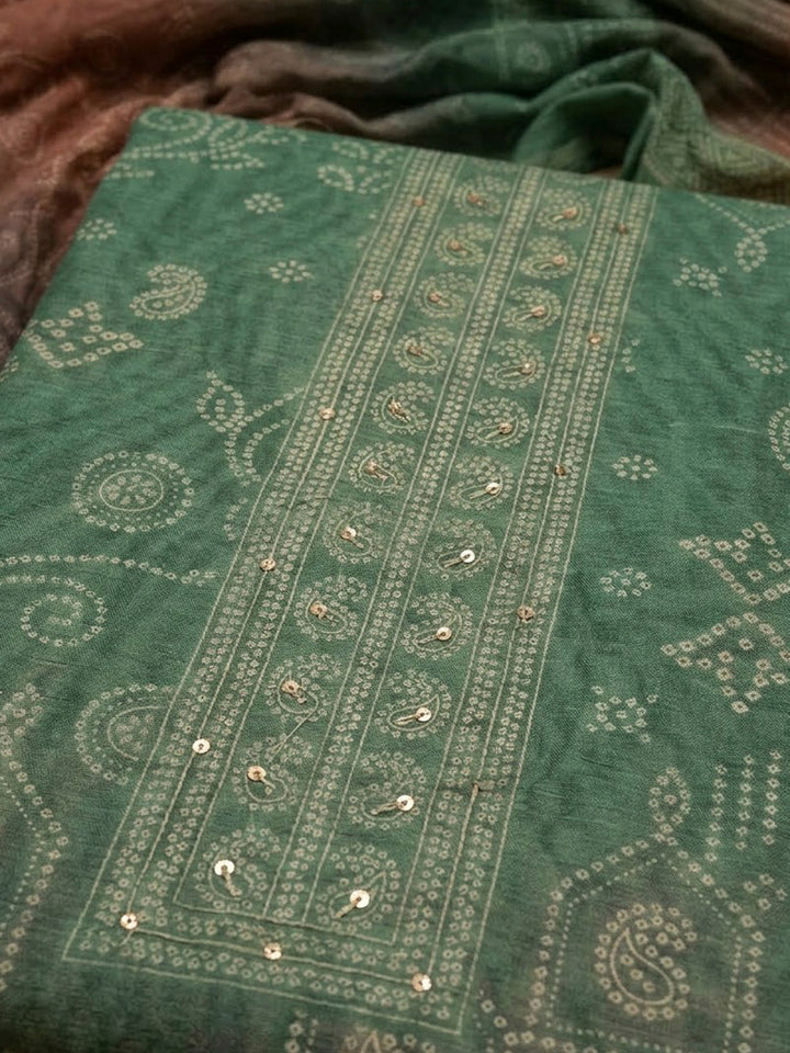 Green Chanderi Printed Unstitched Dress Material