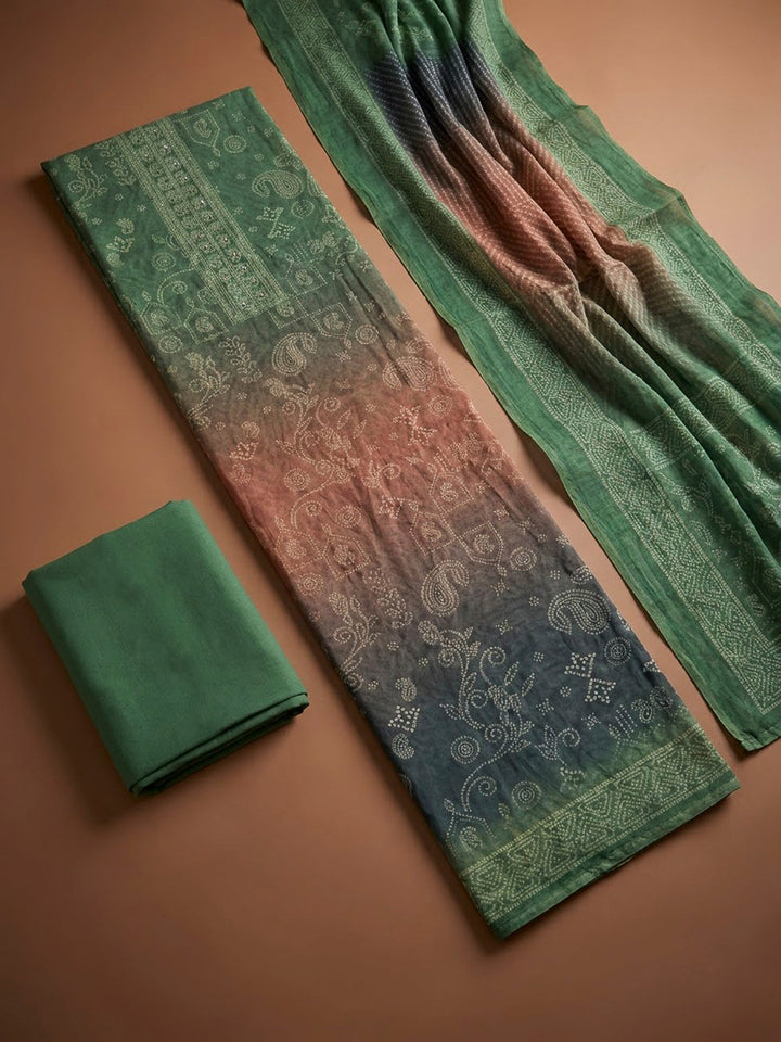 Green Chanderi Printed Unstitched Dress Material