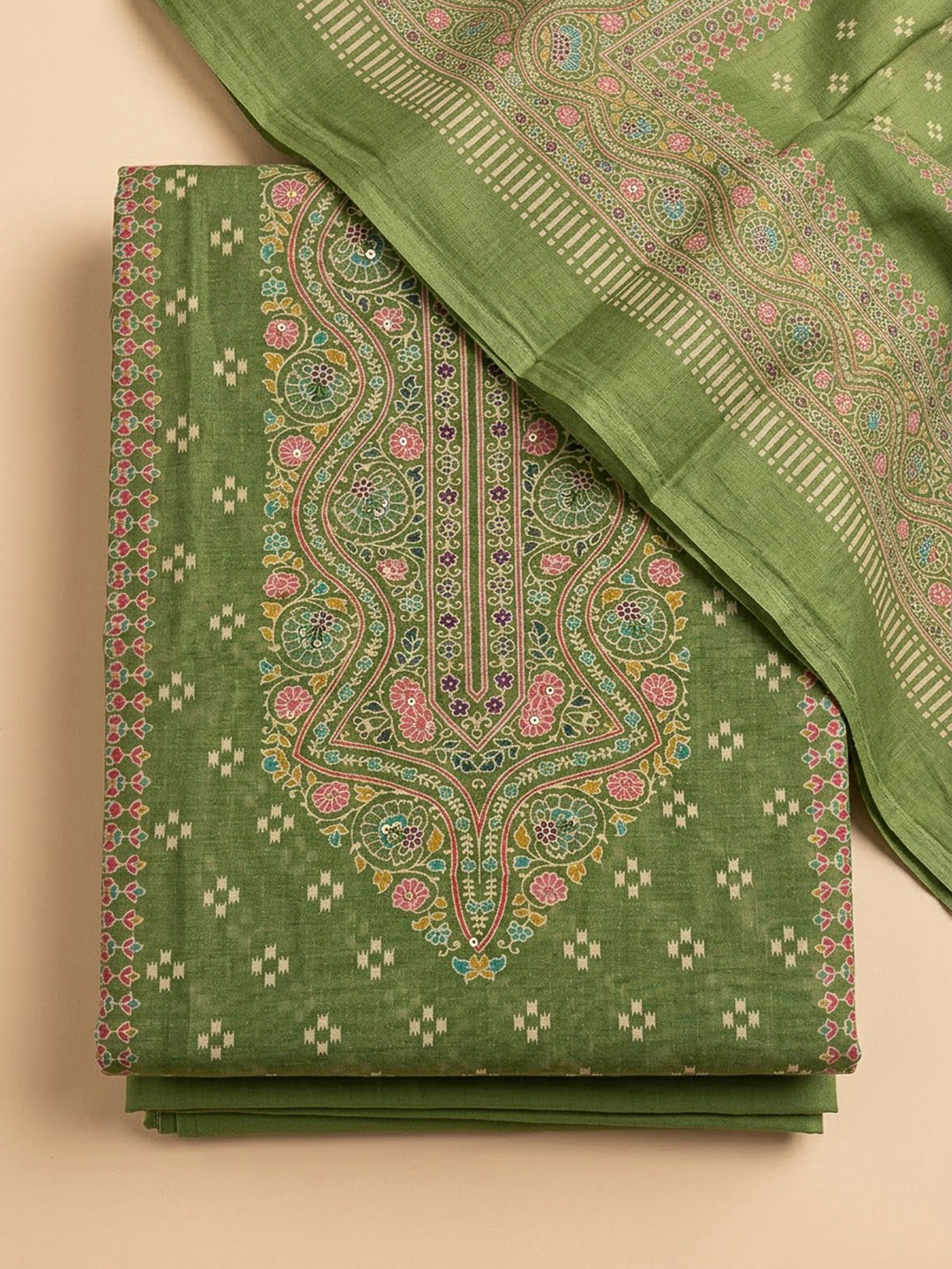 Green Chanderi Printed Unstitched Dress Material