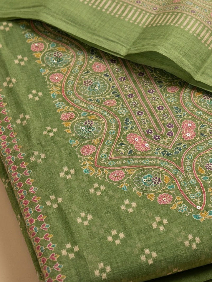 Green Chanderi Printed Unstitched Dress Material