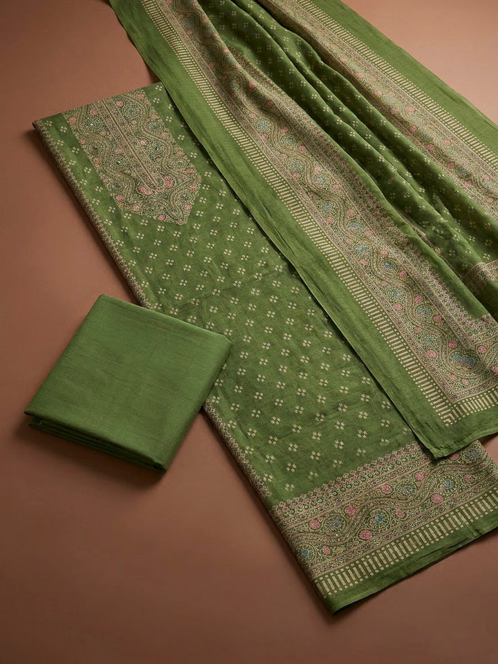Green Chanderi Printed Unstitched Dress Material