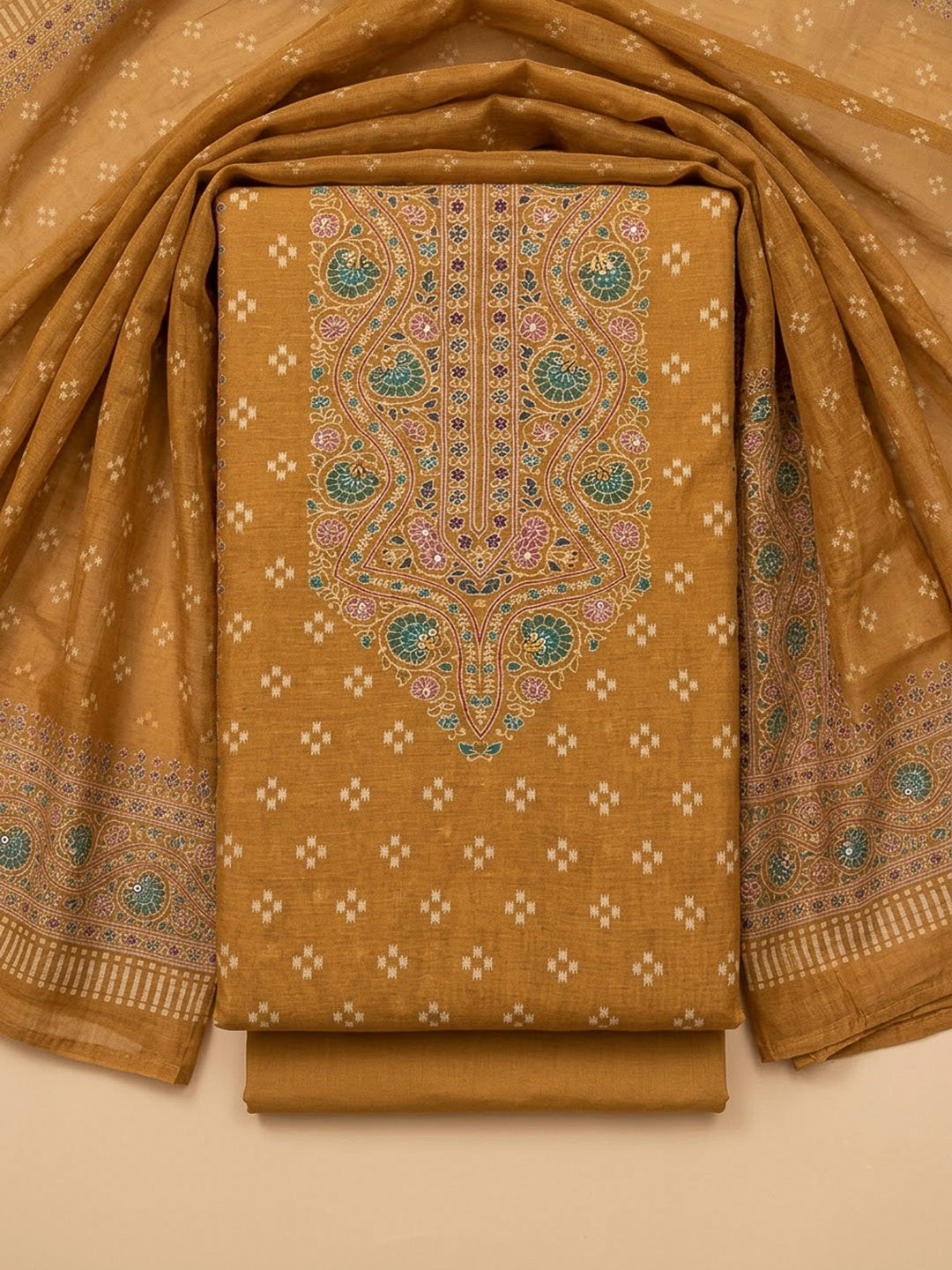 Mustard Chanderi Printed Unstitched Dress Material