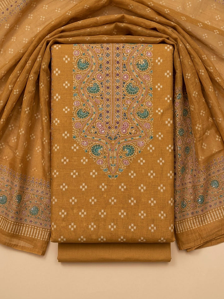 Mustard Chanderi Printed Unstitched Dress Material