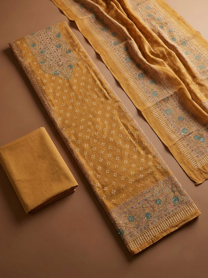 Mustard Chanderi Printed Unstitched Dress Material