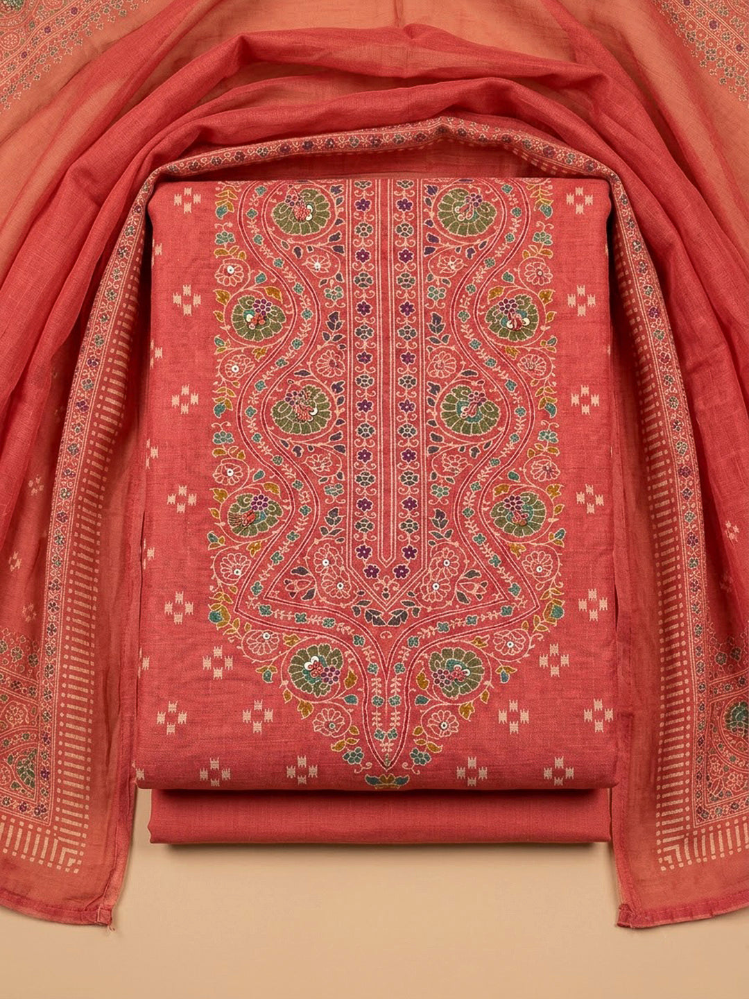 Pink Chanderi Printed Unstitched Dress Material