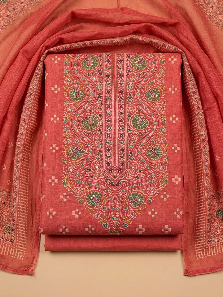 Pink Chanderi Printed Unstitched Dress Material