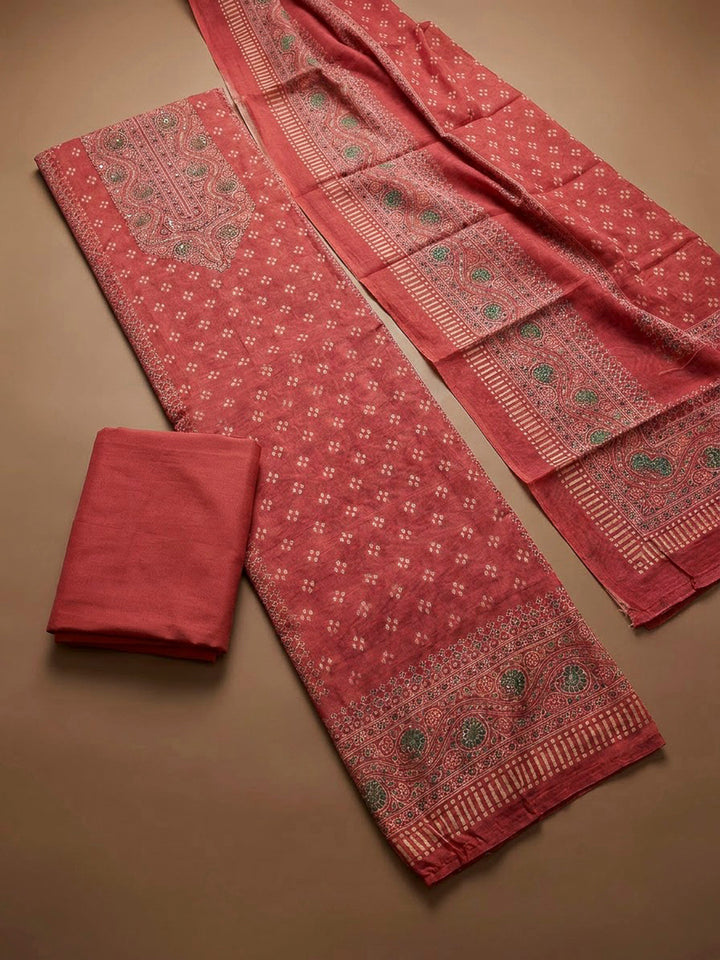 Pink Chanderi Printed Unstitched Dress Material
