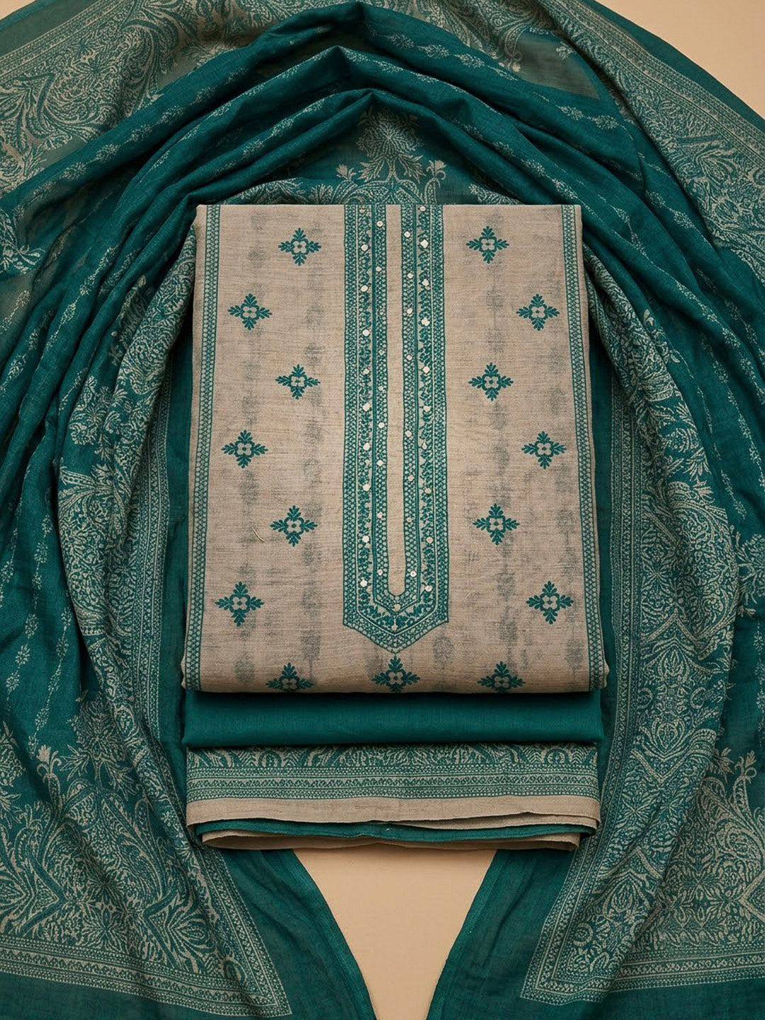 Green Chanderi Printed Unstitched Dress Material