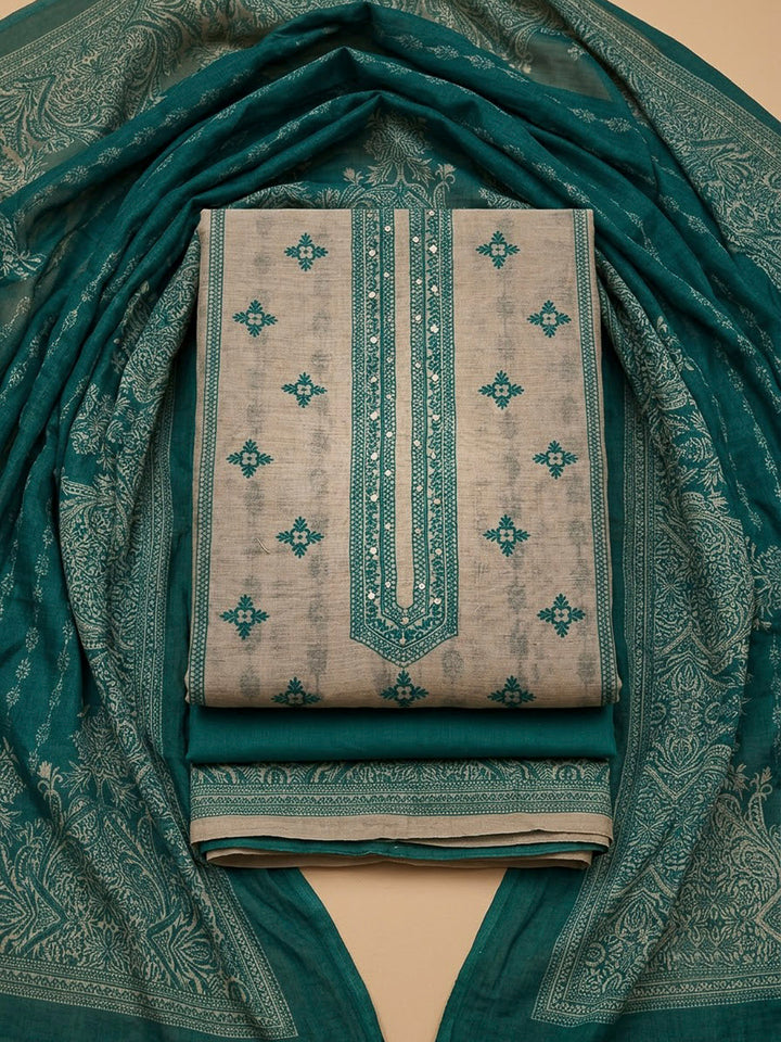 Green Chanderi Printed Unstitched Dress Material