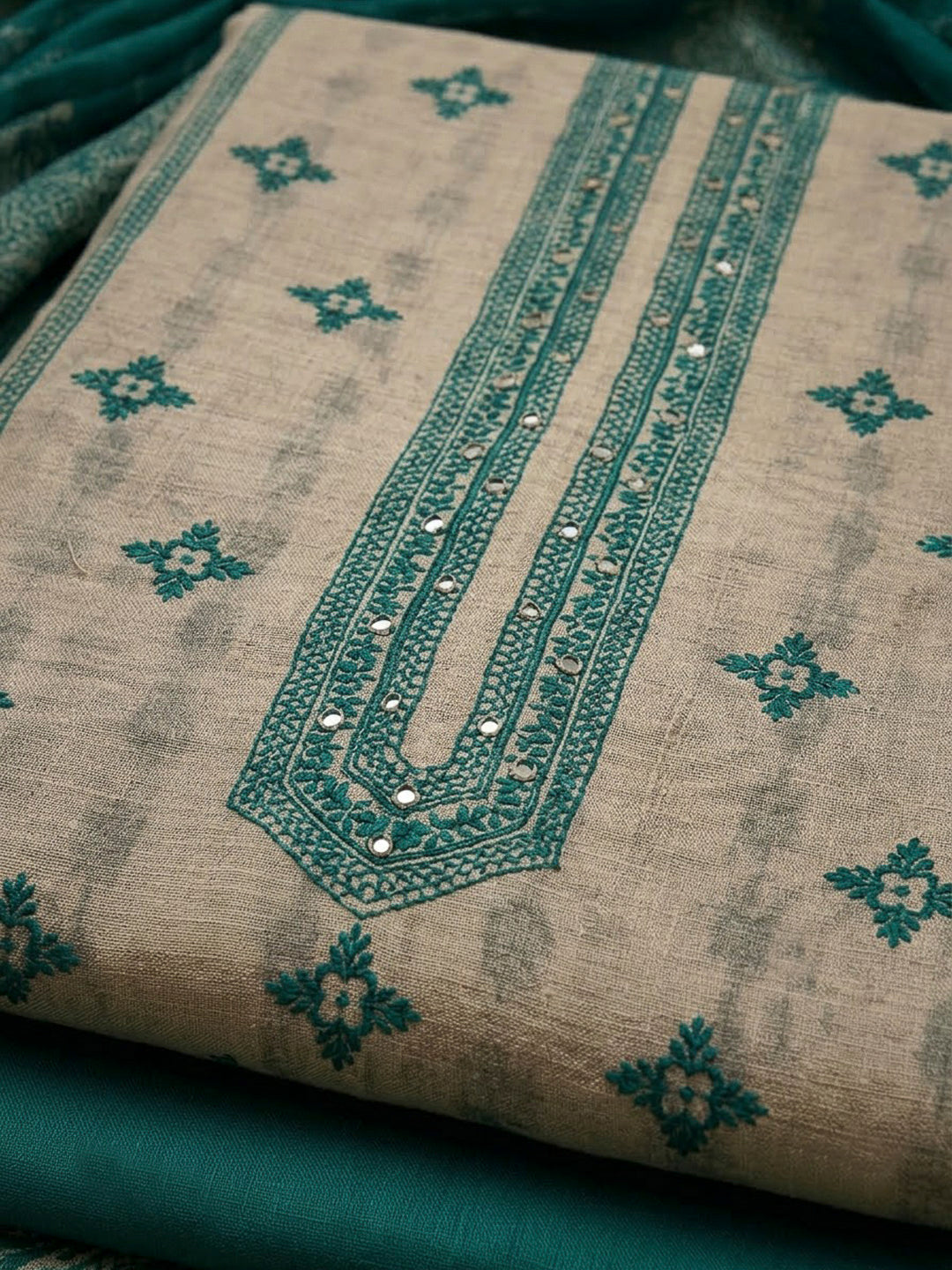 Green Chanderi Printed Unstitched Dress Material