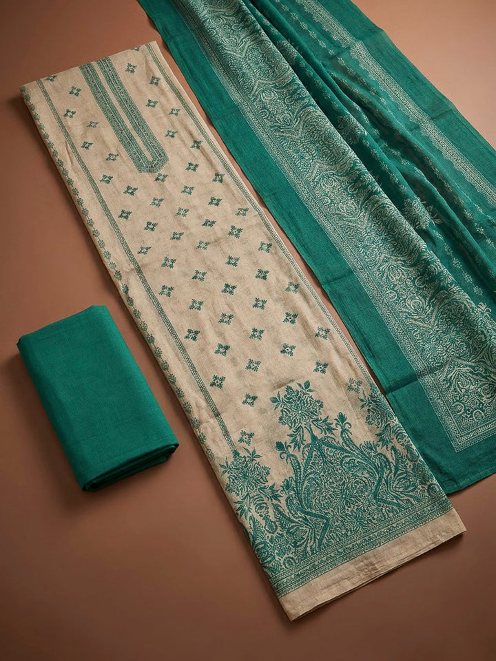 Green Chanderi Printed Unstitched Dress Material