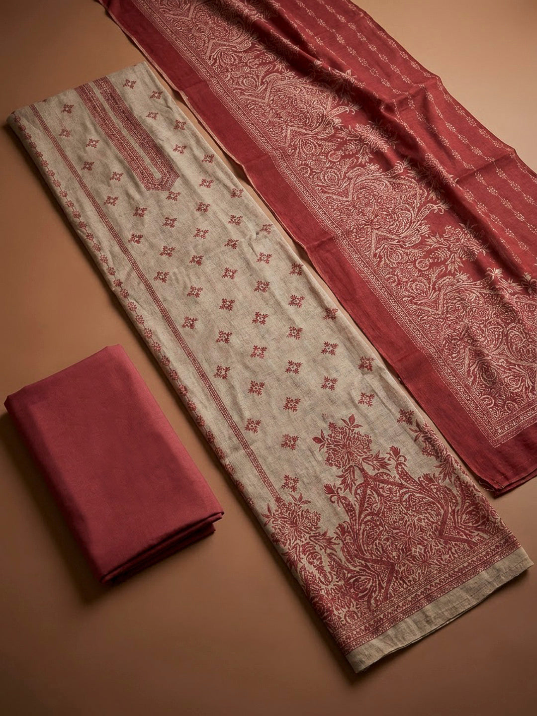 Onion Pink Chanderi Printed Unstitched Dress Material