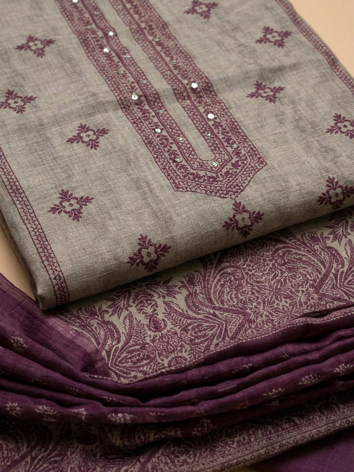 Purple Chanderi Printed Unstitched Dress Material