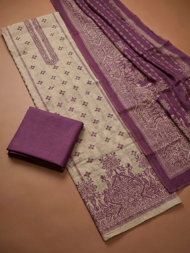 Purple Chanderi Printed Unstitched Dress Material
