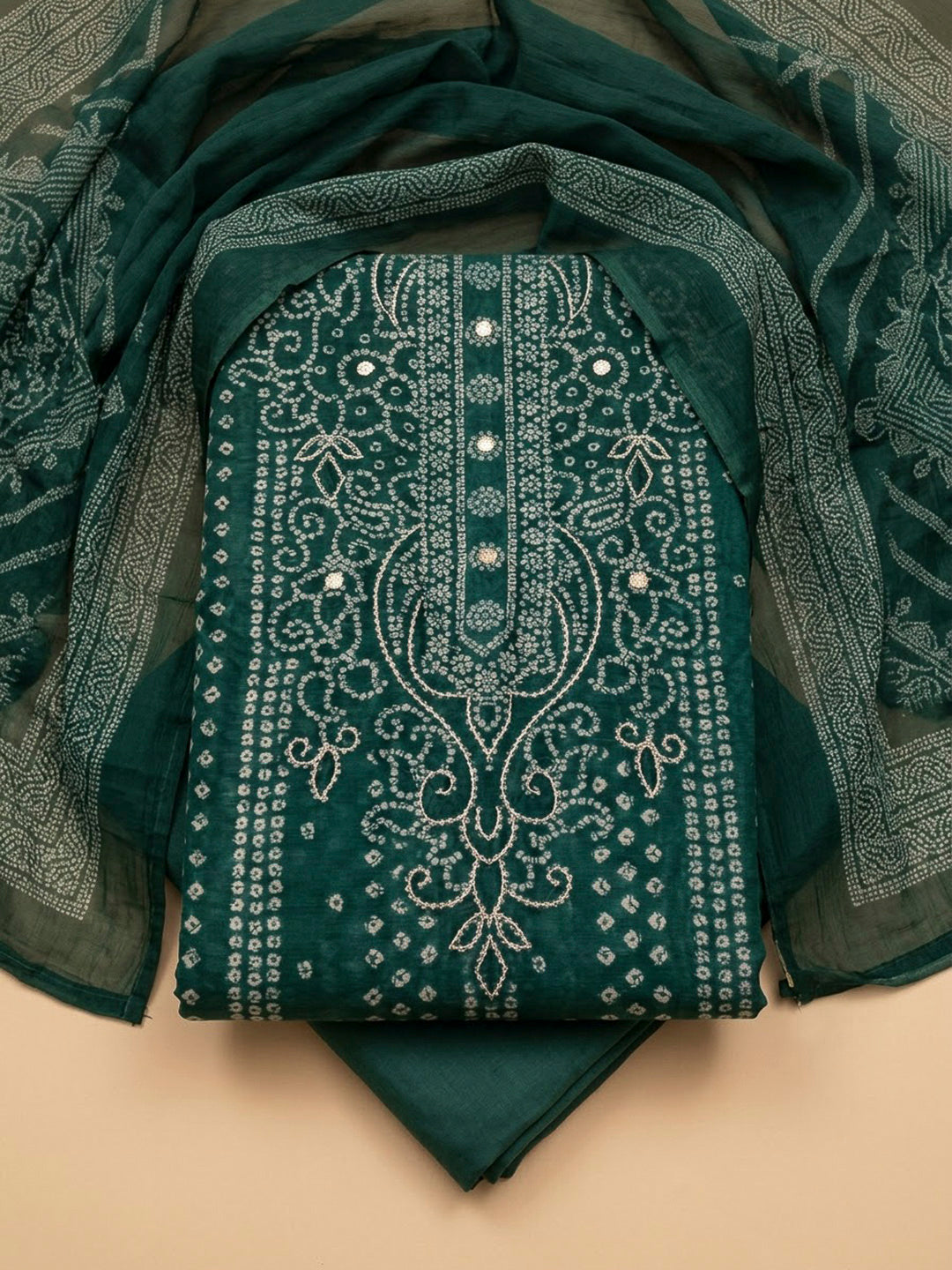 Green Chanderi Printed Unstitched Dress Material