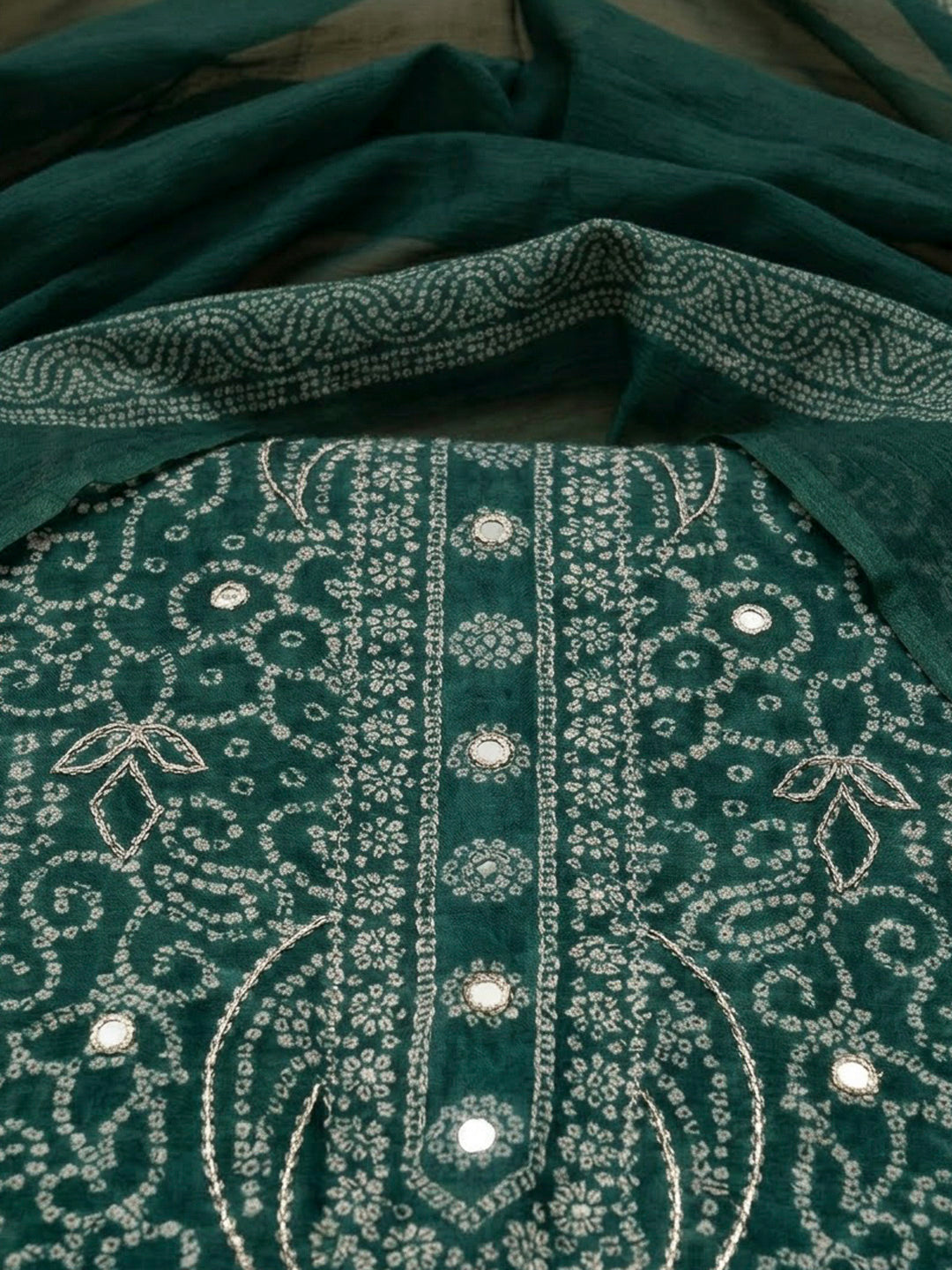 Green Chanderi Printed Unstitched Dress Material