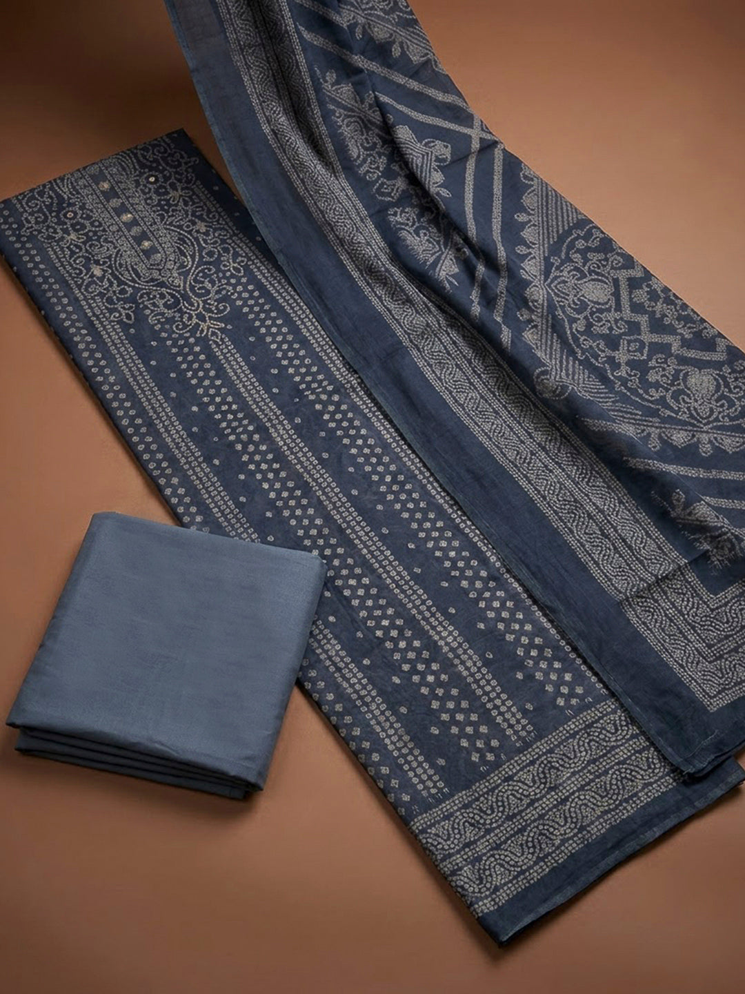 Grey Chanderi Printed Unstitched Dress Material