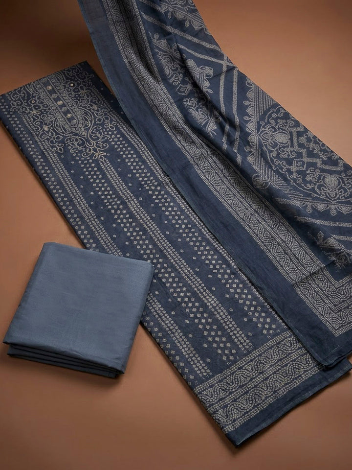 Grey Chanderi Printed Unstitched Dress Material