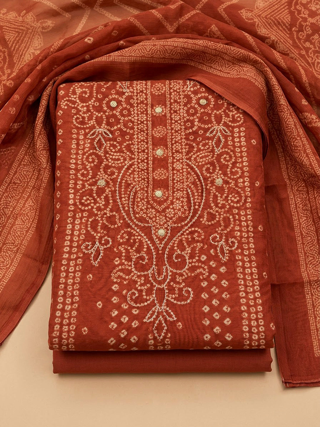 Rust Chanderi Printed Unstitched Dress Material