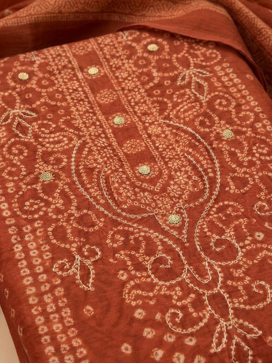 Rust Chanderi Printed Unstitched Dress Material