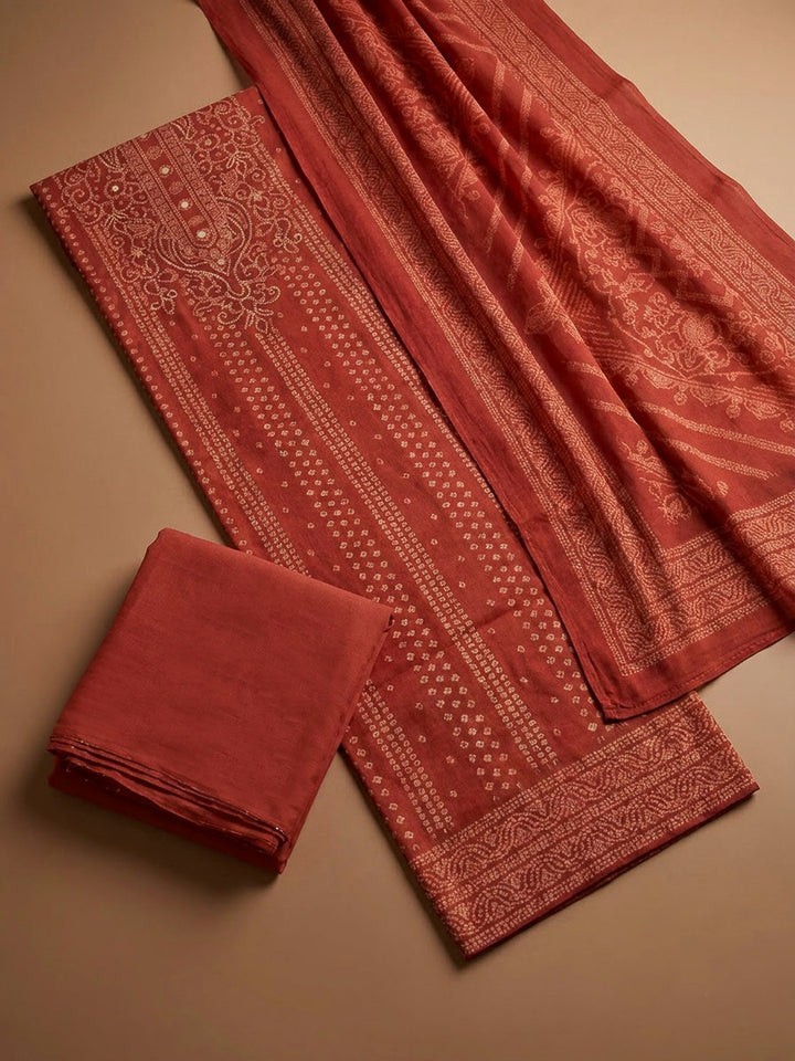 Rust Chanderi Printed Unstitched Dress Material